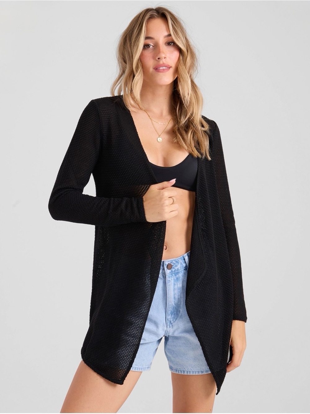 Volcom Black LIVED IN GO GO WRAP Open-Knit Cardigan Sweater Sheer Women’s Size L